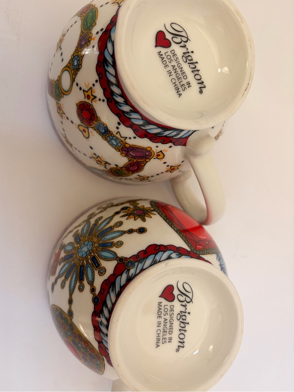 Brighton White Ceramic Cups with Red Trim and Multicolor Jewel Accents